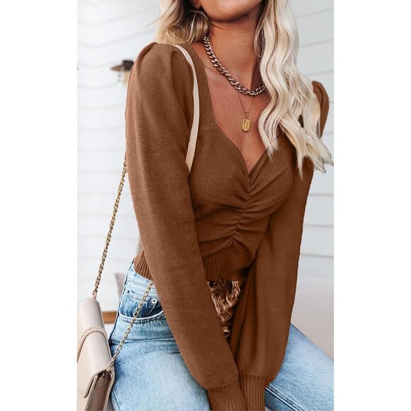 Long Sleeve Cropped Sweater Women Off Shoulder V Neck Ruched Ribbed Knit - Picture 4 of 5